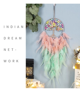 Macro detail of Tree of Life dream catcher with colorful beads and soft pastel feathers