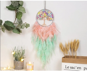 Detailed view of colorful tree of life dreamcatcher with vibrant feathers and beads