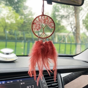 Acchiappasogni Albero della Vita Fatto a Mano Ornamento da Appendere per Auto Con Pietre di Cristallo Rosa e Piume Decorazione Casa