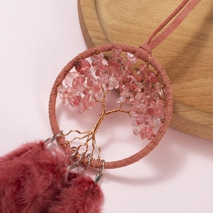 Acchiappasogni albero della vita per auto con cristalli rosa e piume marrone-rossastro