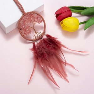 Albero della Vita pendente per auto con cristalli rosa e piume rosse decorative