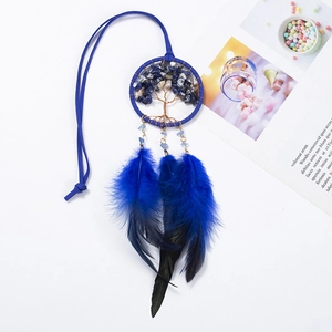 Pendentif voiture attrape-rêves Arbre de Vie bleu avec pierres naturelles et plumes douces