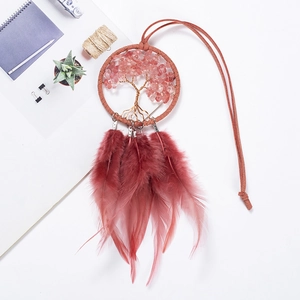Pendaglio auto Albero della Vita con pietre rosa e piume rosso scuro per decoro interno