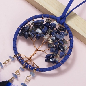 Attrape-rêves Arbre de Vie pour voiture avec plumes bleues et pierres naturelles