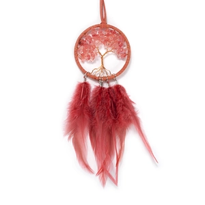 Pendaglio per auto Albero della Vita rosa con cristalli e piume in stile boho