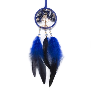 Attrape-rêves Arbre de Vie bleu avec fil de bronze et plumes pour décoration de voiture