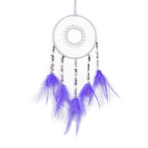 Handmade purple dream catcher with amethyst stones and feathers for home decoration
