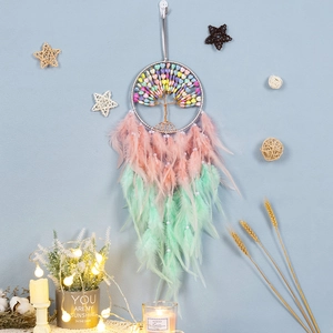 Handmade Tree of Life dream catcher wall hanging with colorful beads and LED lights