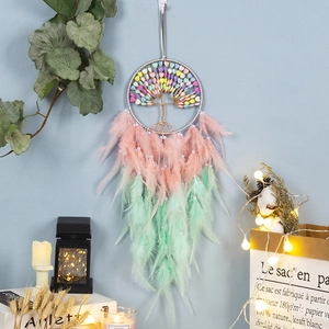 Pink dream catcher tree of life wall hanging decor with colorful heart beads and feathers