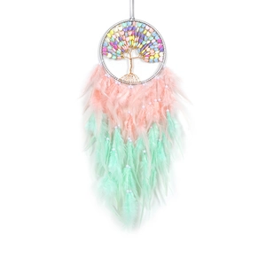 Handmade Tree of Life dreamcatcher with macaron beads and pastel pink mint feathers