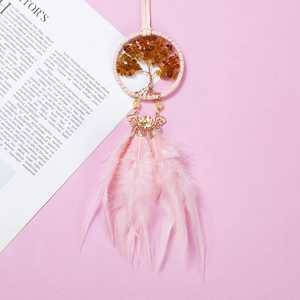 Pink dream catcher car ornament with Tree of Life crystal design and soft feathers
