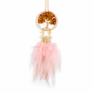 Tree of Life dreamcatcher car pendant with yellow stones and pink feathers on white background