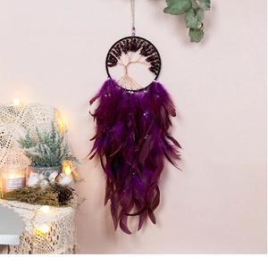 Detailed tree of life wall hanging featuring purple feathers and gemstone wire weaving