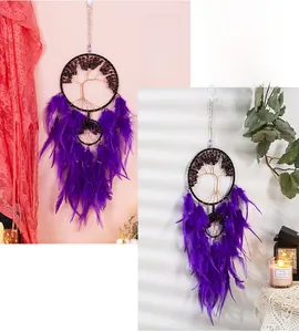 Detailed handcrafted purple amethyst tree of life dreamcatcher with natural feathers