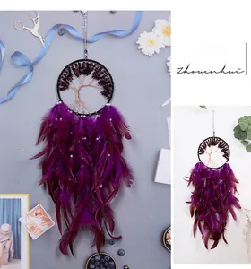 Detail of handmade Tree of Life dreamcatcher with purple feathers and natural stones