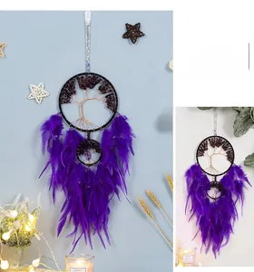 Detailed view of handmade tree of life dreamcatcher with purple feathers and gemstone