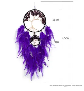 Purple crystal tree of life dreamcatcher with feathers showing detailed size measurements