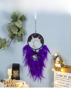 Detail of tree of life dreamcatcher with purple crystal stones and feathers decoration