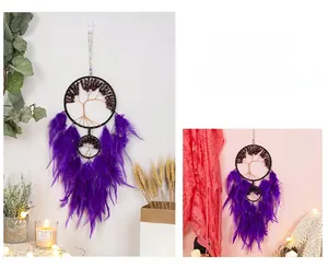 Macro detail of purple feathers and amethyst gemstone tree of life dreamcatcher