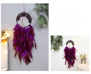 Detail of tree of life dreamcatcher featuring purple feathers and beaded wall hanging