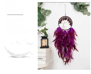 Detailed view of handmade purple dreamcatcher with life tree design and soft feathers