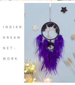 Detail of purple dream catcher featuring a handmade wire tree of life with feathers