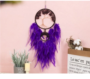 Detail of life tree woven wire with purple amethyst stones and feathers wall hanging