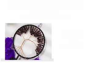 Detailed view of handmade tree of life dreamcatcher with purple crystal and feathers