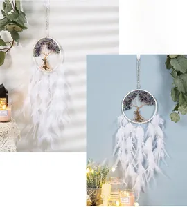 Macro detail of Tree of Life dreamcatcher with natural crystals and soft white feathers