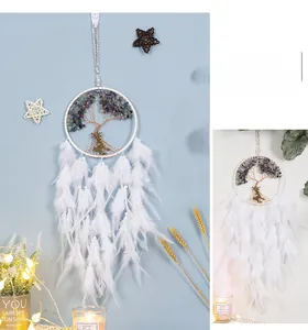 Detail of life tree dream catcher with purple stones and white feathers on wall