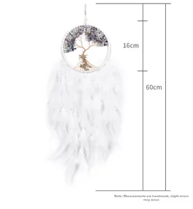Detailed view of handmade dream catcher with 16cm tree of life and 60cm white feathers