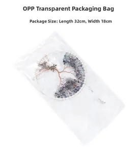 Detail view of a Tree of Life dreamcatcher with purple and green stones in OPP packaging