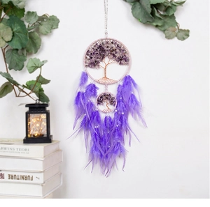 Detail of a purple Tree of Life dreamcatcher with amethyst stones and soft feathers