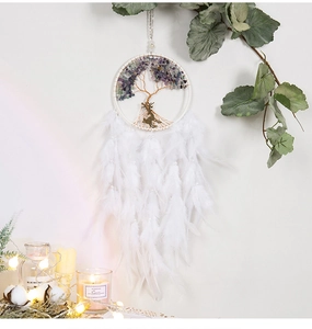 Detail of tree of life dream catcher with purple stones and a gold deer hanging on a wall