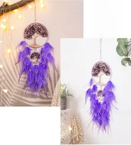 Detail of handmade Tree of Life dreamcatcher with purple feathers and gemstone beads
