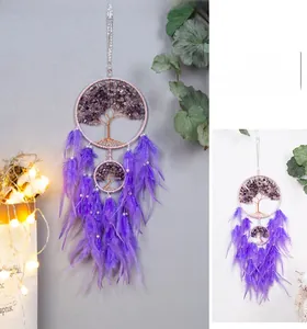Detail of purple Tree of Life dreamcatcher with natural stones and soft feathers