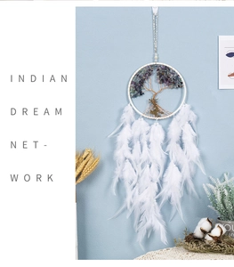 Detail of tree of life dreamcatcher with purple crystals and white hanging feathers