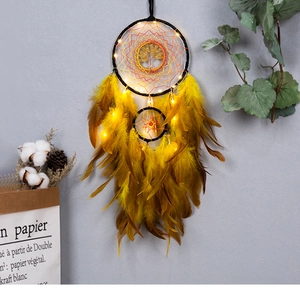 Detail of tree of life dreamcatcher with LED lights and warm ginger feathers