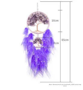 Purple Tree of Life dream catcher detail with amethyst stones and 65cm size markings