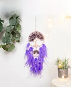 Detail of Tree of Life dream catcher with purple feathers and copper wire crystal