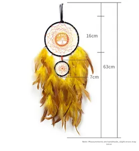 Detailed dimensions of boho tree of life dreamcatcher with yellow and brown feathers