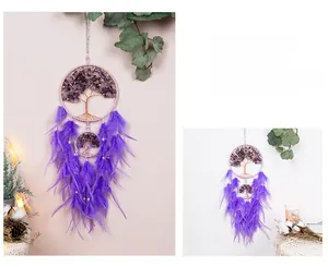 Detail of amethyst tree of life dreamcatcher with purple feathers and white beads