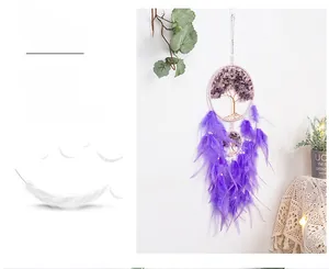 Detailed view of Tree of Life wall hanging with purple feathers and crystal stones