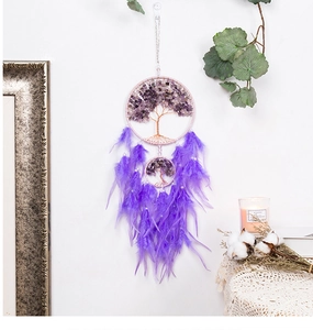 Detailed view of Tree of Life dream catcher with purple crystals and feathers