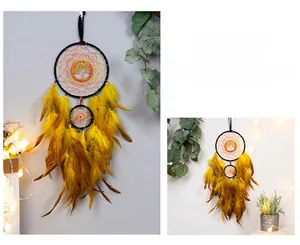 Macro shot of double ring Tree of Life dreamcatcher with yellow feathers and beads