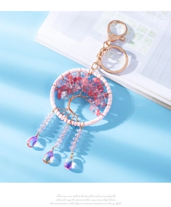 Detail of rose gold tree of life keychain with pink crystals and teardrop pendants