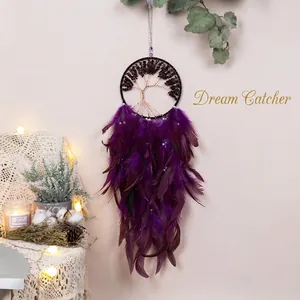 Tree Of Life Dream Catcher Purple Feathers Amethyst Stones Handmade Wall Hanging Bohemian Home Room Decoration