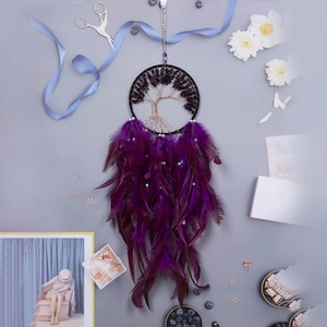 Bohemian purple tree of life dream catcher with feathers and crystals home decor