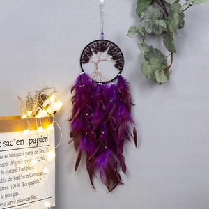 Purple Tree of Life dreamcatcher wall hanging with amethyst stones and soft feathers