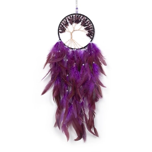 Purple Tree of Life dream catcher with natural feathers and crystal stone decor
